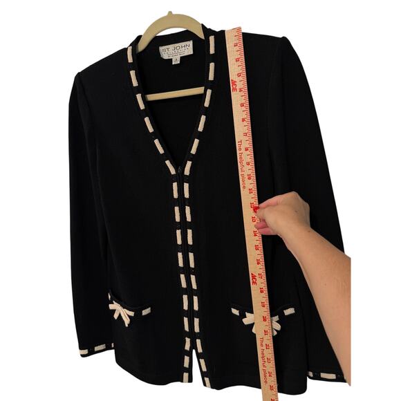 St. John 8 Santana Knit 100% Wool Cardigan Sweater Contrast Trim Jacket Black - Picture 9 of 9